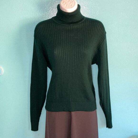 Jaeger Womens Size M Vintage Fitted Green Wool Rib Knit Pullover Turtleneck Top - Picture 1 of 11
